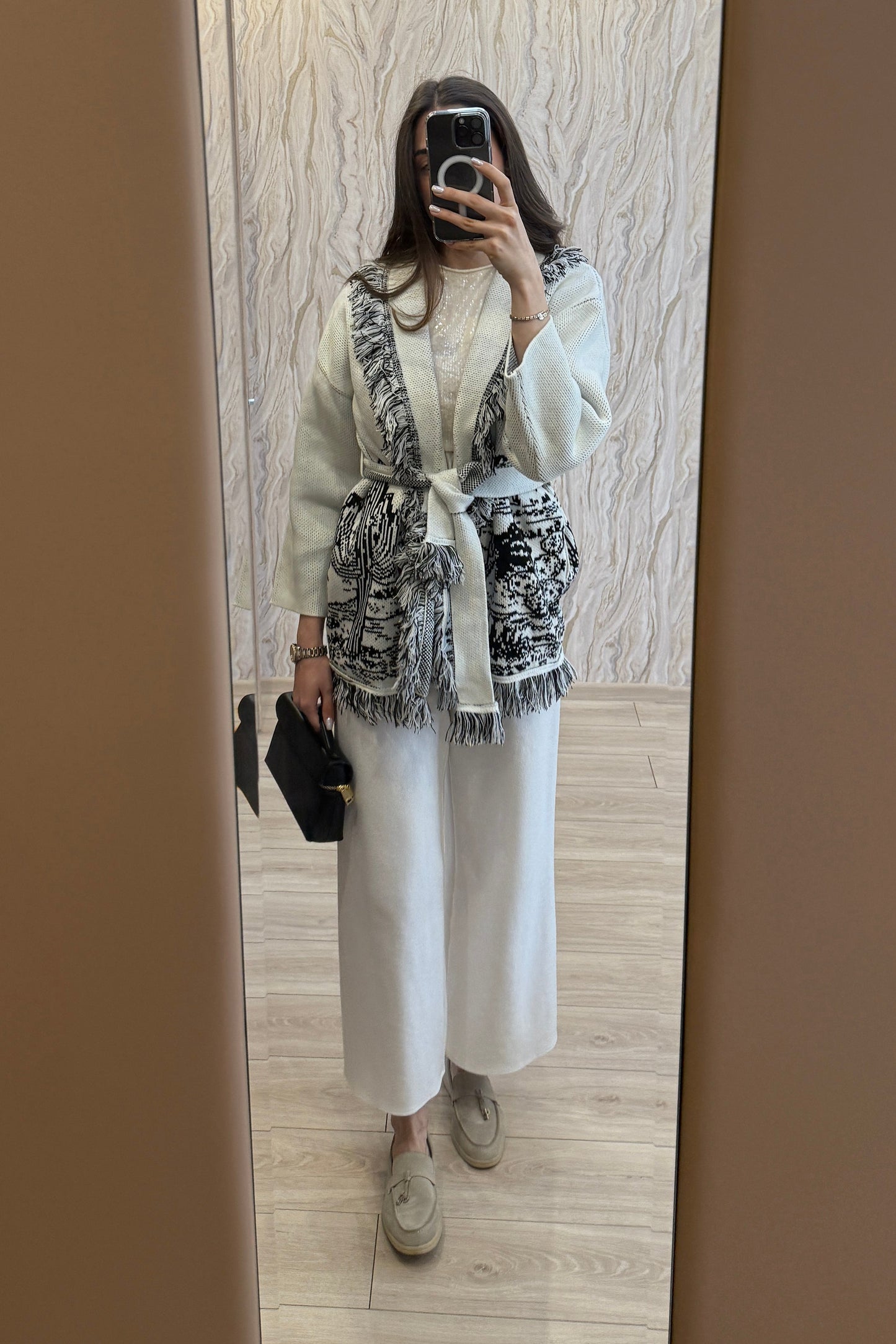 Fringed Belted Coat with Western-Inspired Pattern - White