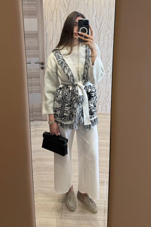 Fringed Belted Coat with Western-Inspired Pattern - White