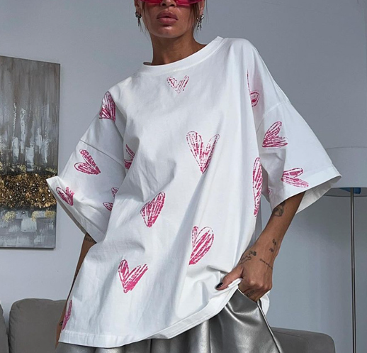 Heart-Print Oversized T-Shirt with Distressed Details - White
