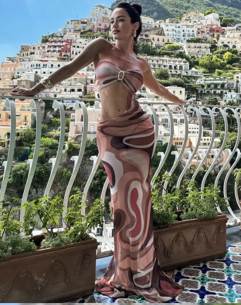 Two-Piece Set with Strapless Bandeau Top and Maxi Skirt - Beige