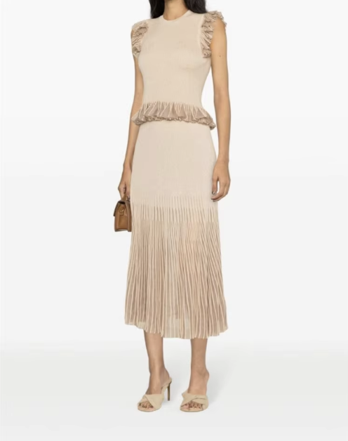 Two-Piece Set with Sleeveless Ruffled Top and Pleated Midi Skirt - Beige
