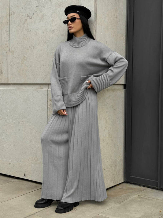 Two-Piece Set with Ribbed High Neck Sweater and Wide-Leg Trousers - Gray