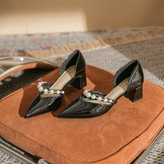 Pointed Toe Shoes with Pearl Strap and Block Heel - Black