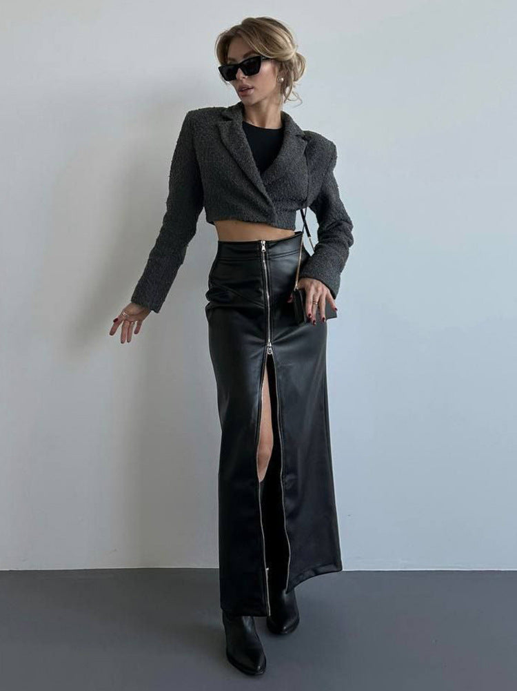 High-Waisted Leather Maxi Skirt with Front Zipper - Black