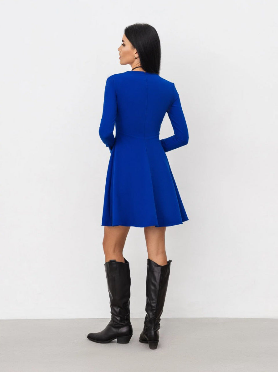 Square Neckline Fitted Mini Dress with A-Line Skirt - Blue