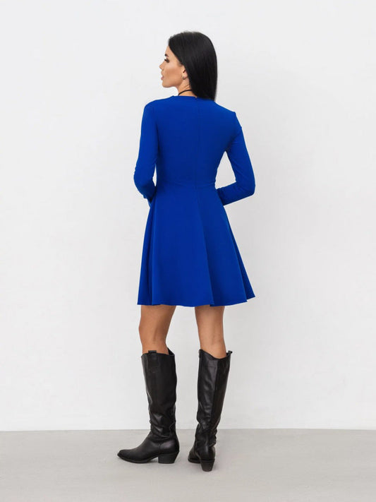 Square Neckline Fitted Mini Dress with A-Line Skirt - Blue