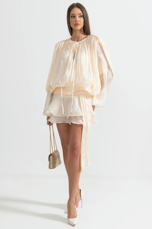 Ruched Mini Dress with Layered Hem - Beige