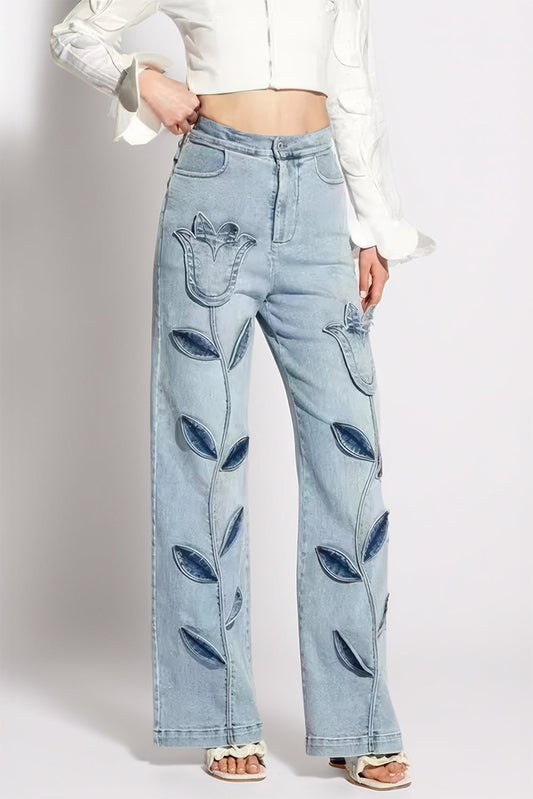 Floral Patchwork High-Waisted Jeans - Blue