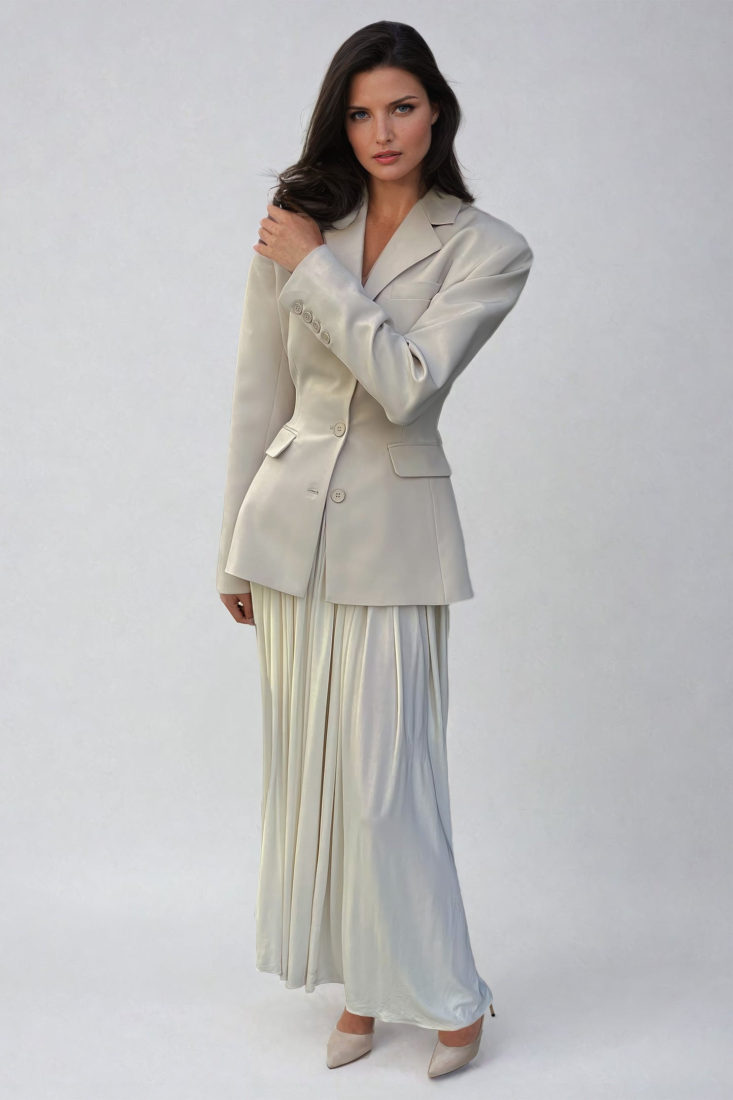 Structured Blazer and Pleated Maxi Skirt Two-Piece Set - Beige