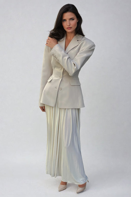 Structured Blazer and Pleated Maxi Skirt Two-Piece Set - Beige