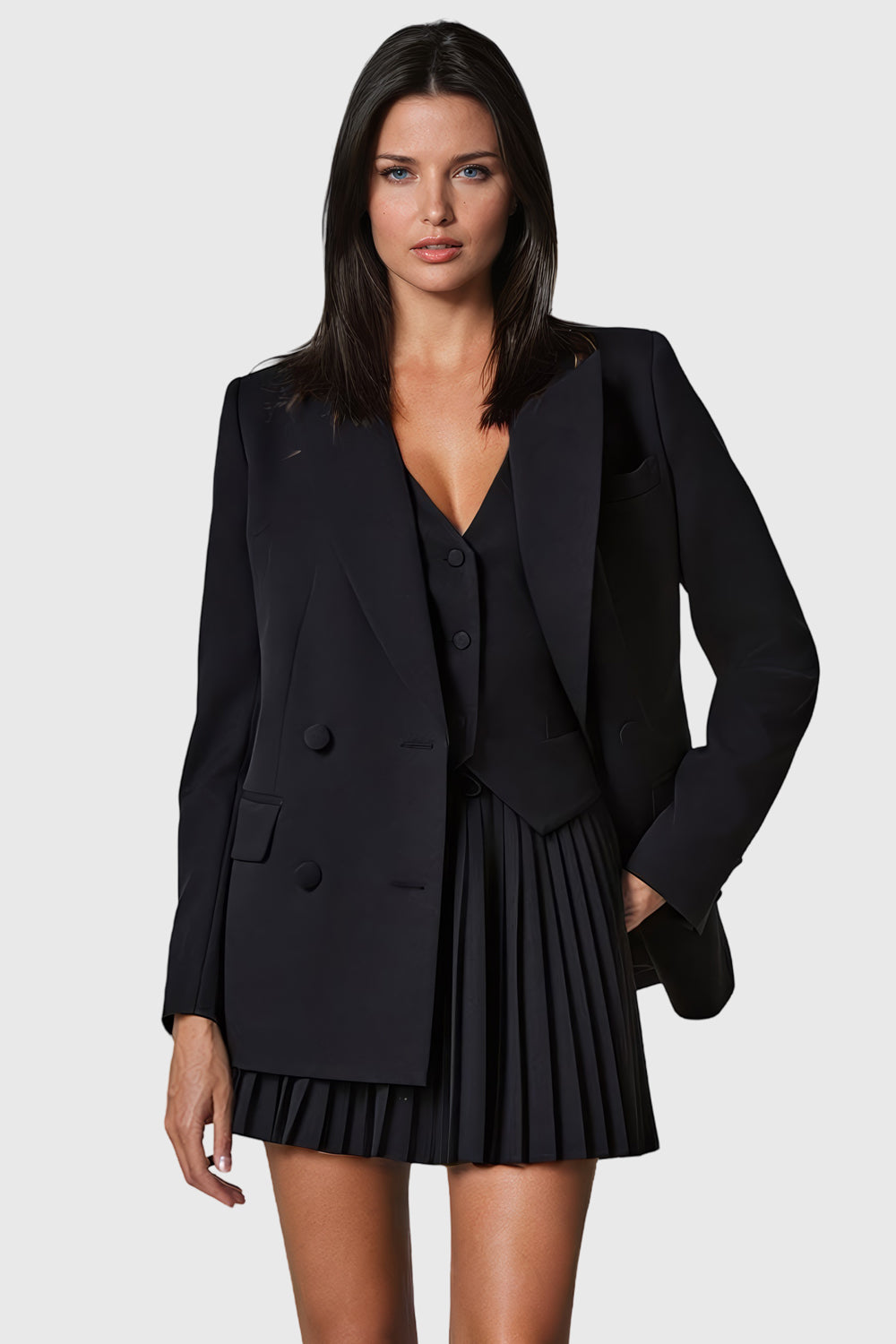 Buttoned Vest and Pleated Skirt Co-Ord Set - Black