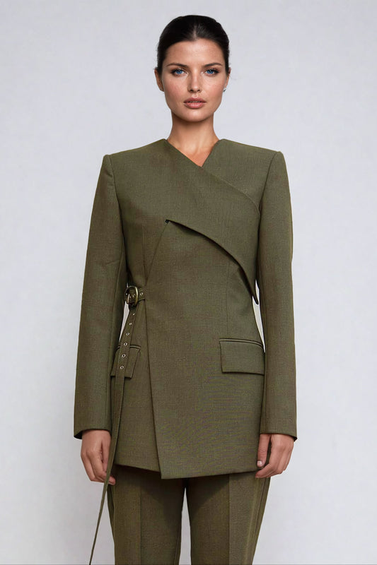 Asymmetric Belted Blazer with Layered Design - Green