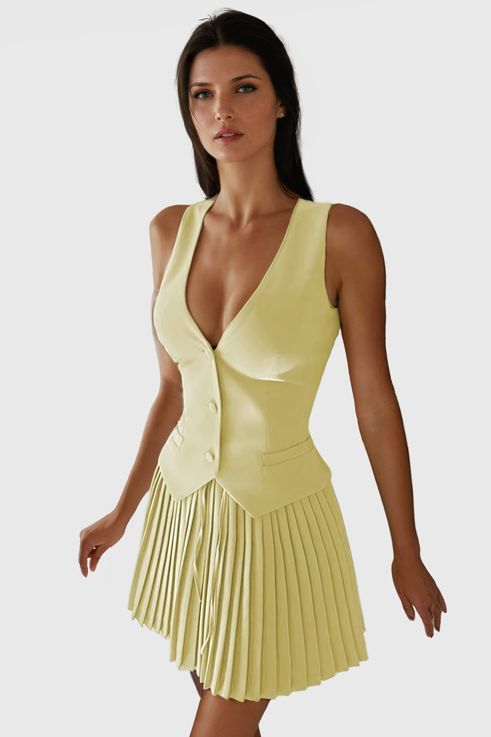 Buttoned Vest and Pleated Skirt Co-Ord Set - Yellow