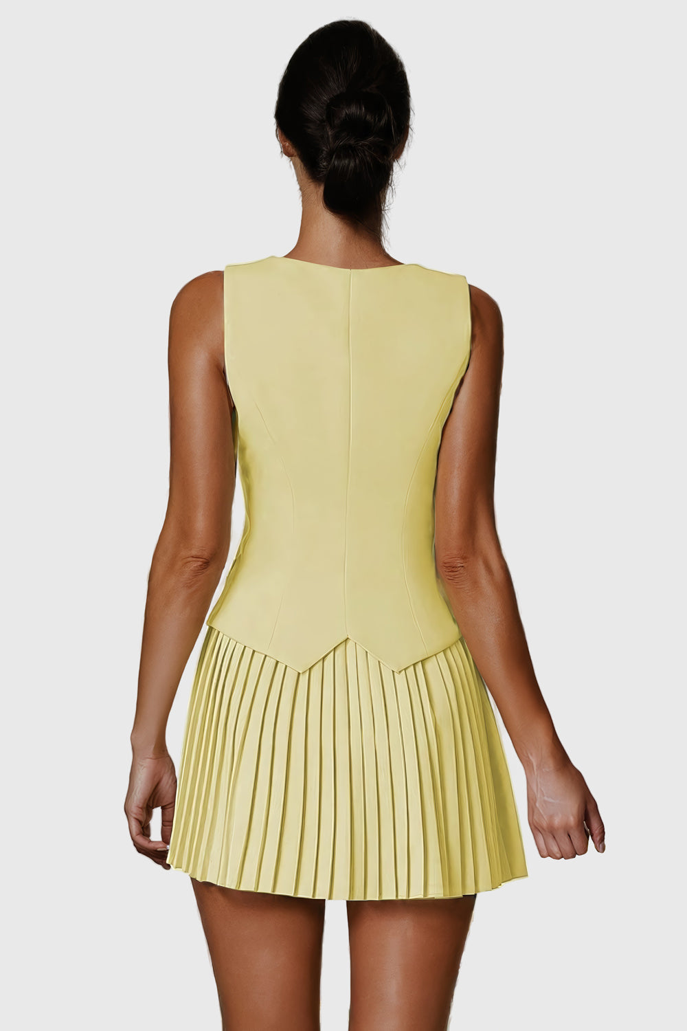 Buttoned Vest and Pleated Skirt Co-Ord Set - Yellow