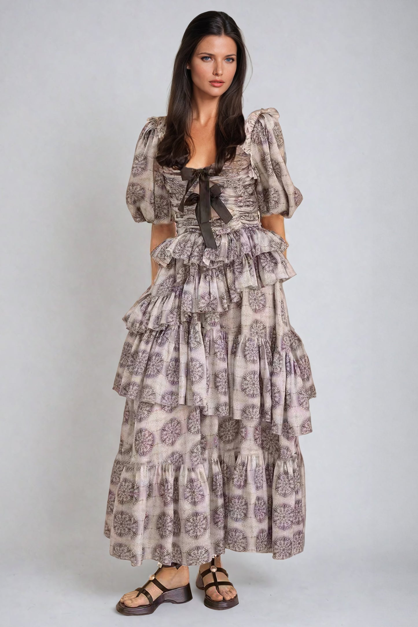 Puff Sleeve Tiered Maxi Dress with Bow Accent - Purple