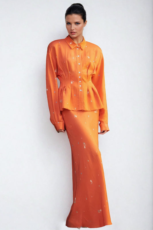 Structured Button-Up Shirt with Maxi Skirt Co-Ord Set - Orange