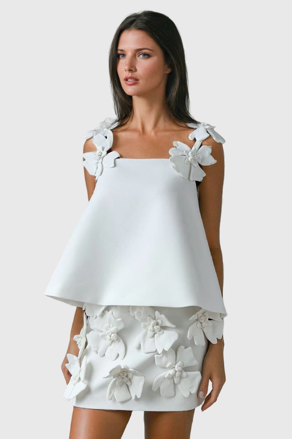 3D Floral Embellished Top and Skirt Two-Piece Set - White