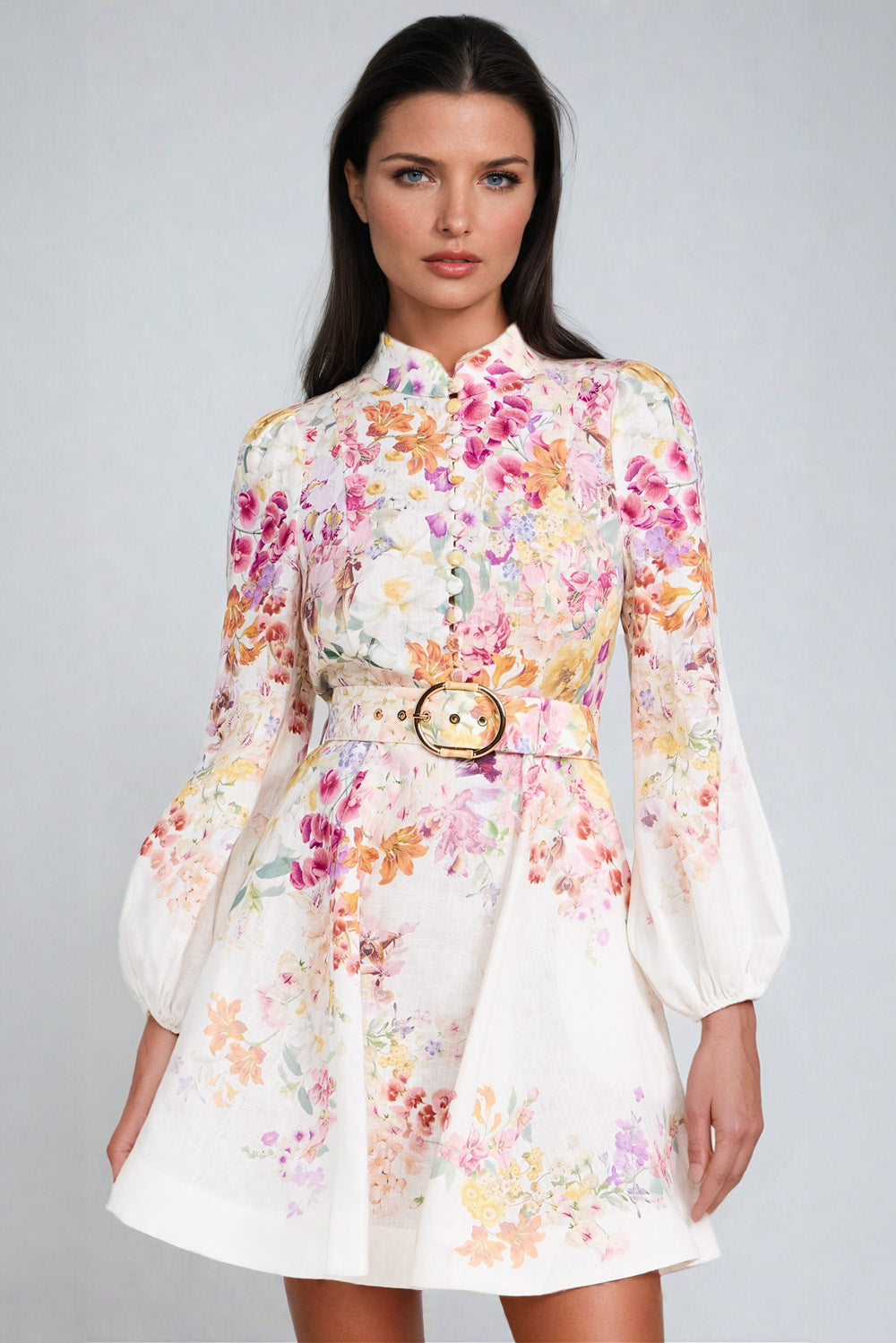 Floral Long Sleeve Mini Dress with Belt - White