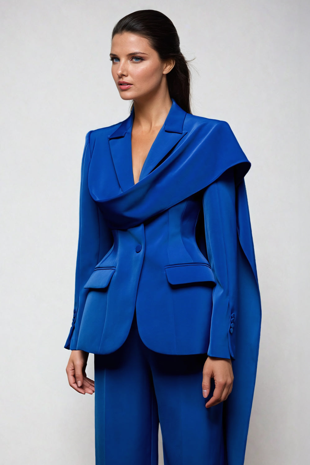 Asymmetrical Blazer with Drape Detail - Dark Blue