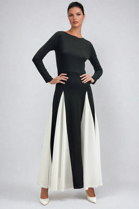 Long Sleeve Maxi Dress with Pleated Skirt - Black