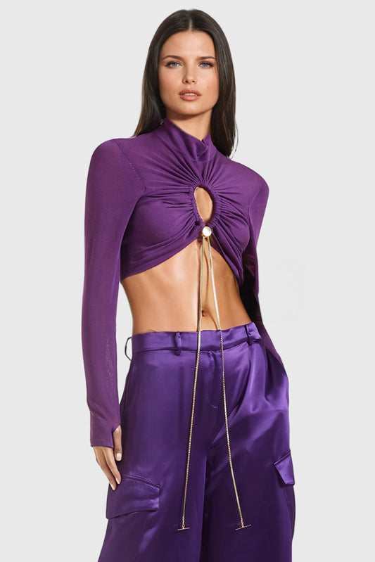 Ruched Crop Top with Long Sleeves - Purple