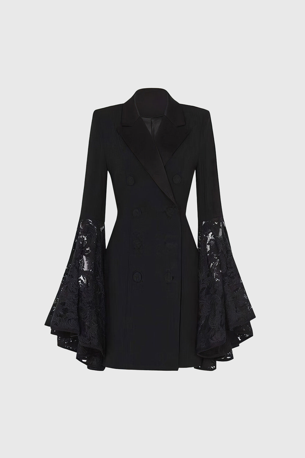 Blazer Dress with Lace Bell Sleeves - Black