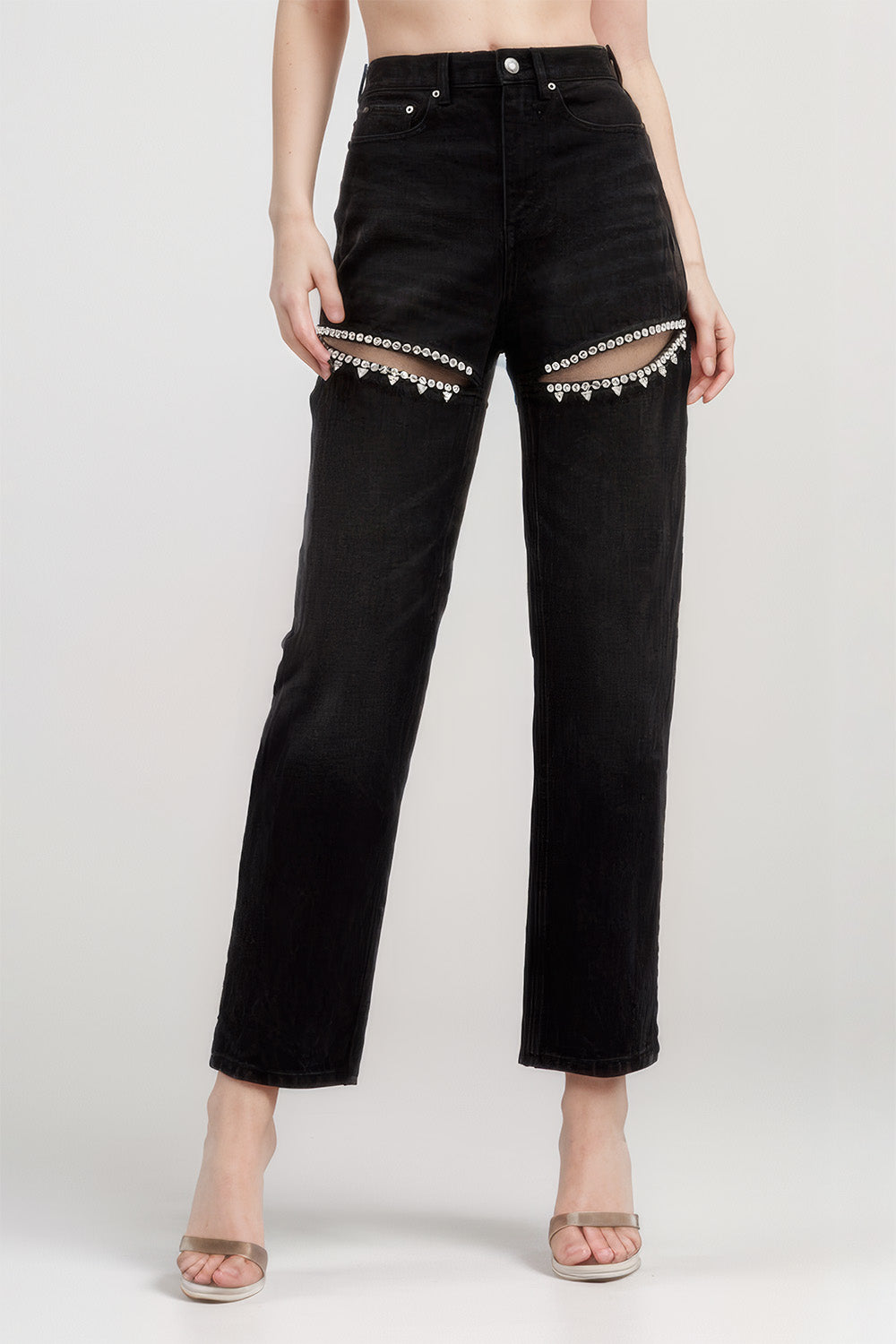 High-Waisted Embellished Cutout Jeans - Black