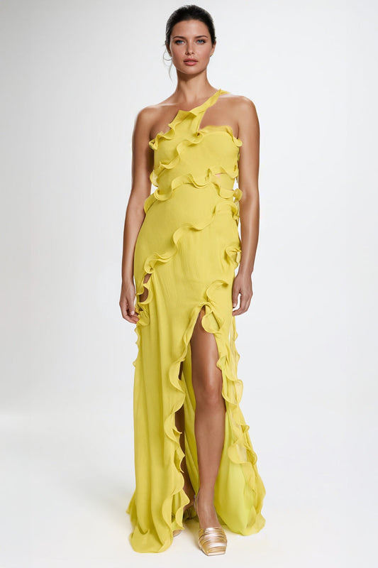 Asymmetrical Ruffled Maxi Dress with Cutouts - Yellow