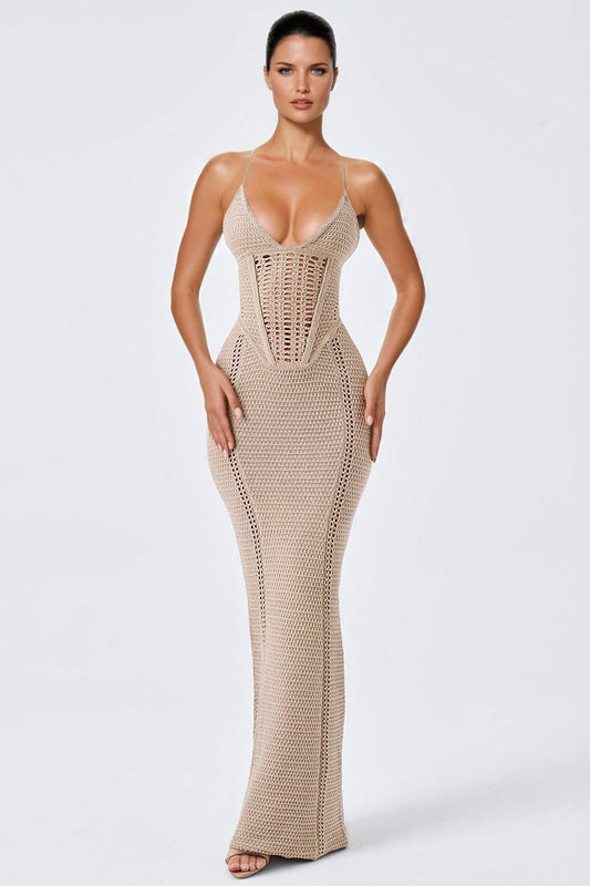 Knitted Corset-Style Maxi Dress - Beige