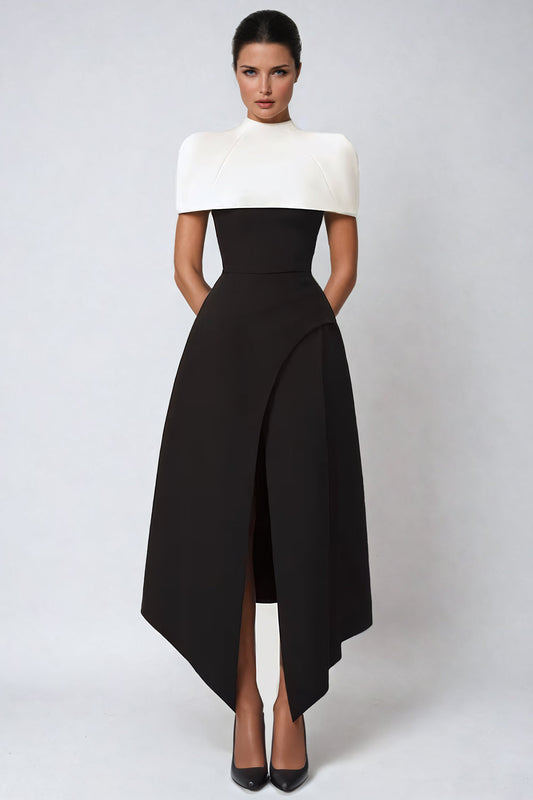 Asymmetrical Midi Dress with Cloack - Black