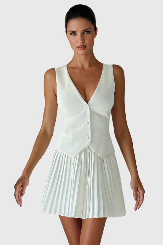 Buttoned Vest and Pleated Skirt Co-Ord Set - White