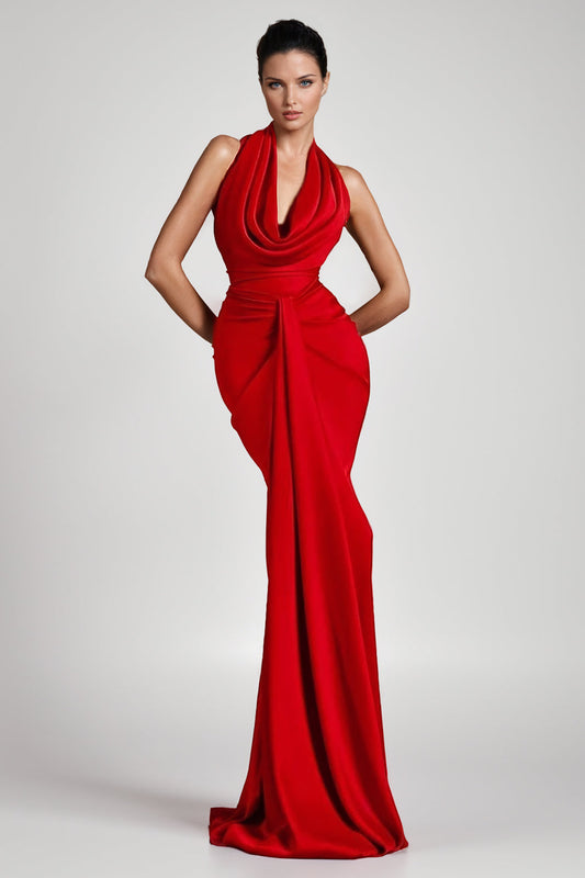 V-Neck Hanging Neck Pleated Maxi Dress - Red