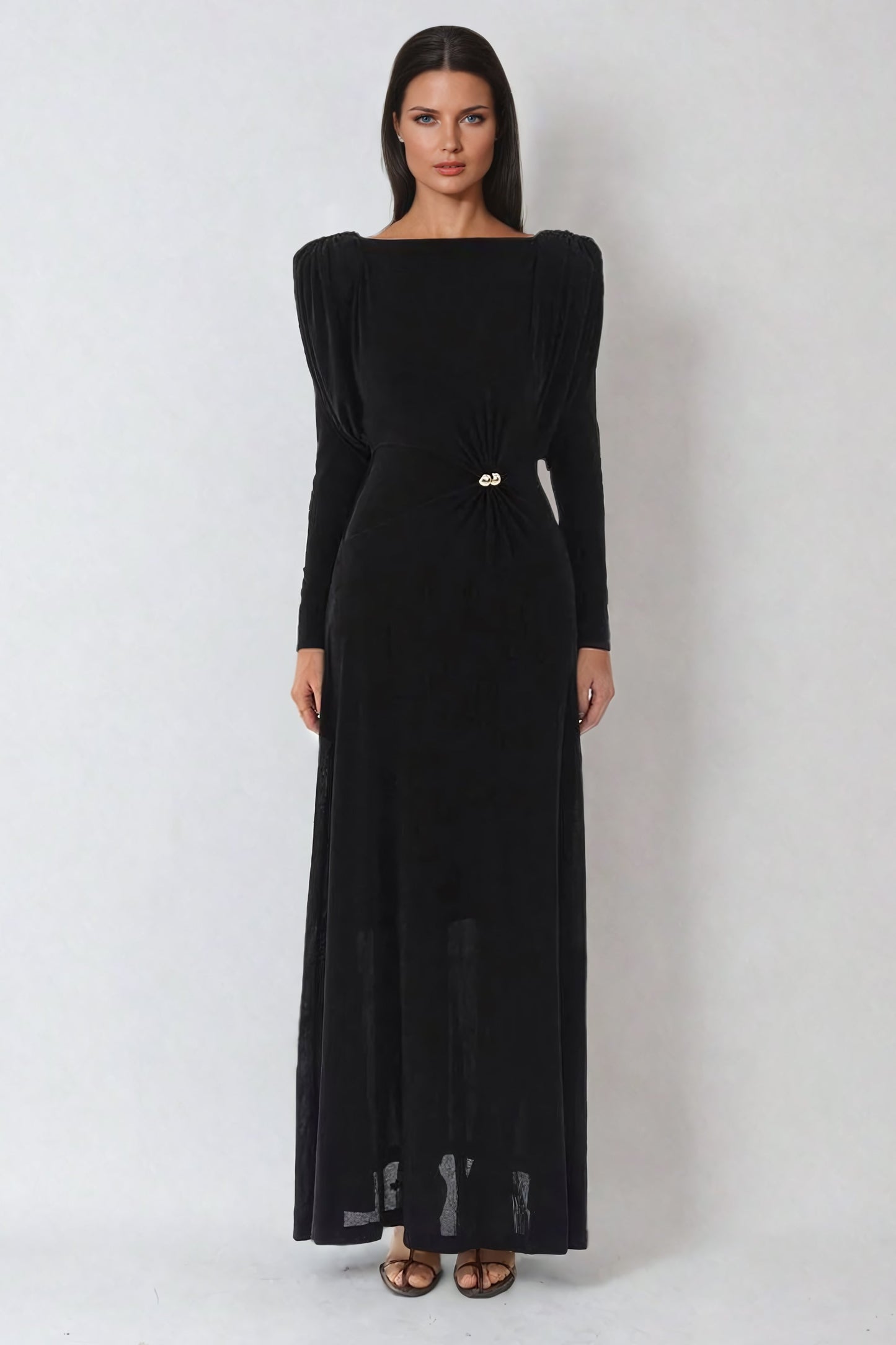 Elegant Long-Sleeve Draped Maxi Dress with Ruched Details - Black