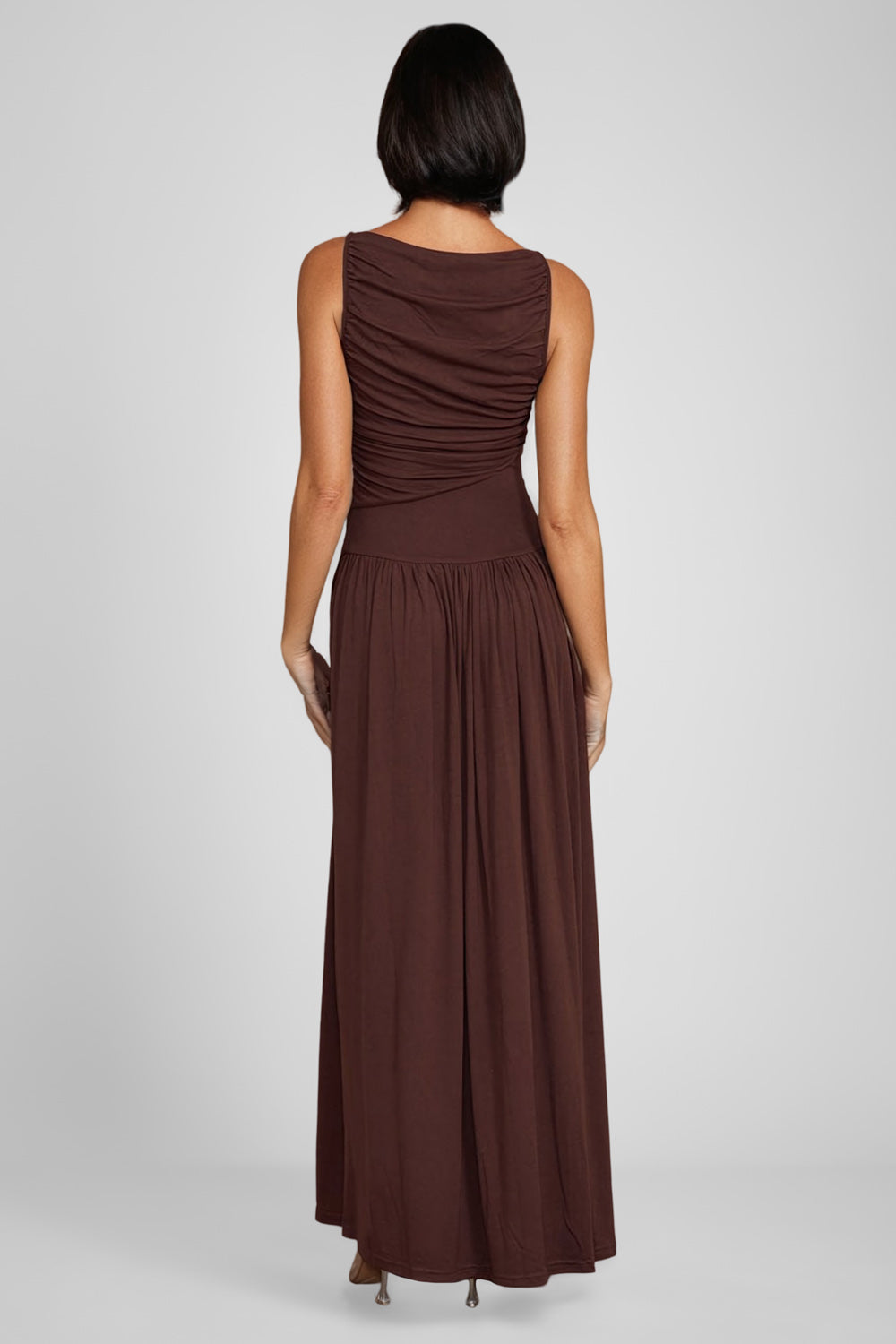 Asymmetrical Maxi Dress with Boat Neck - Brown