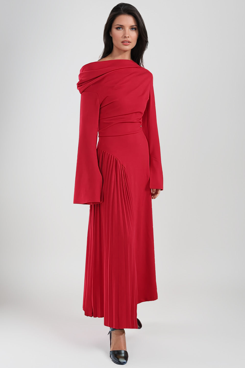 Asymmetrical Maxi Dress with Pleated Detailing - Red