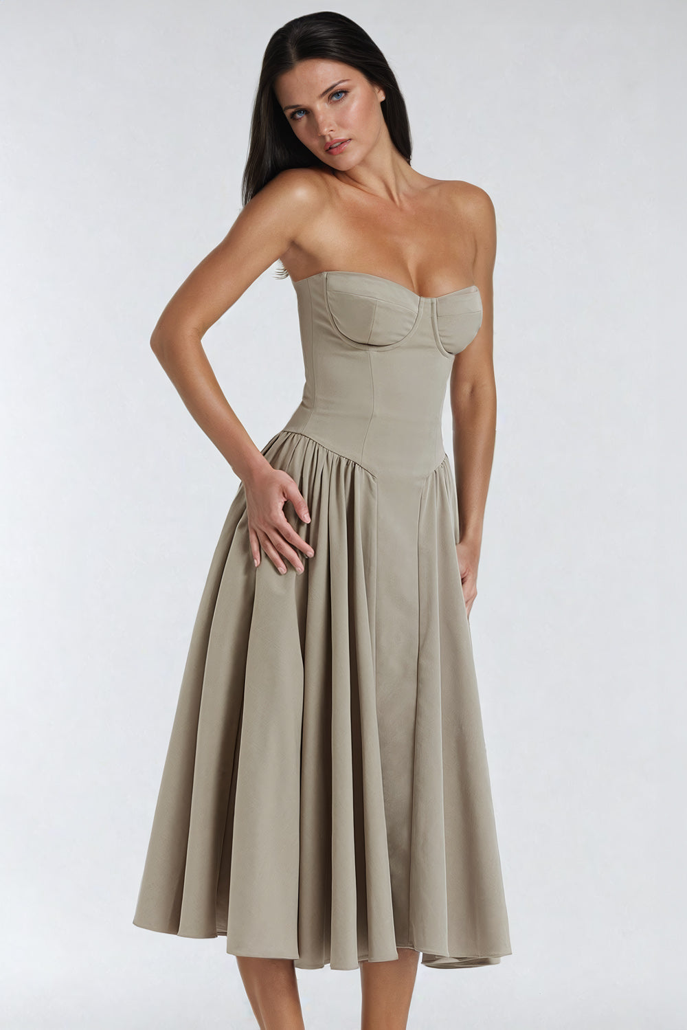 Midi Dress with Sweetheart Neckline - Beige