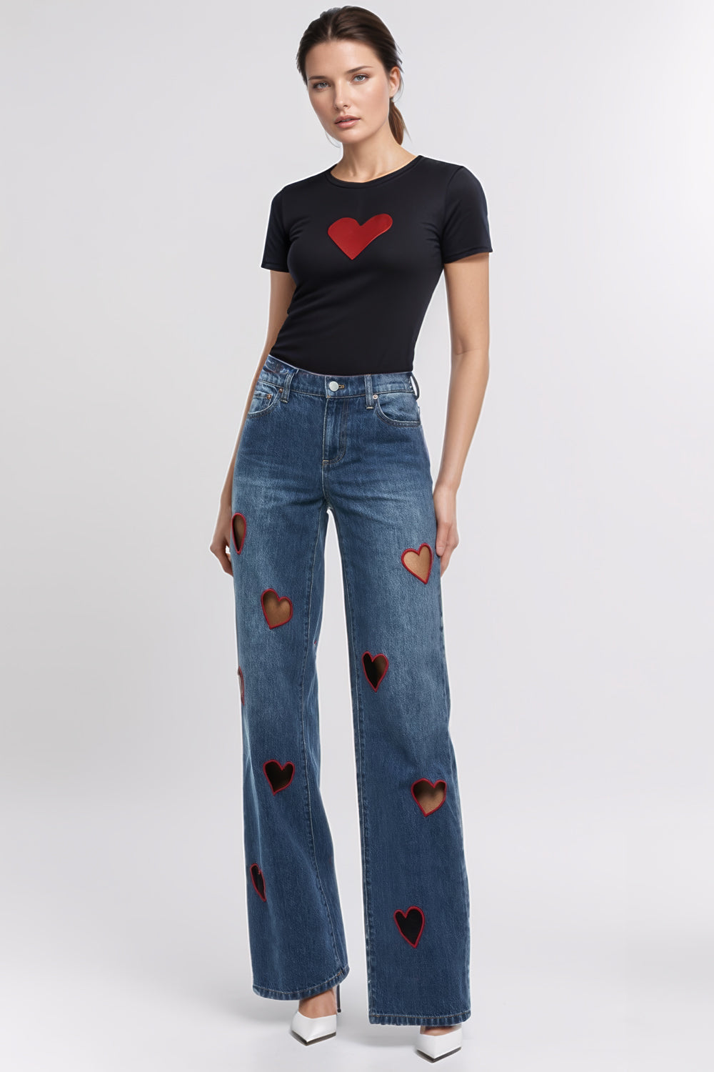 High-Waisted Jeans with Heart Cut-Out Details - Dark Blue