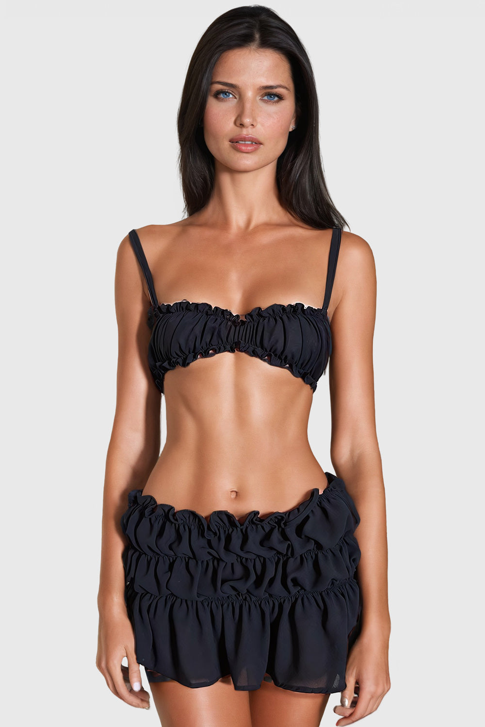 Two-Piece Set with Ruffled Top and Mini Skirt - Black