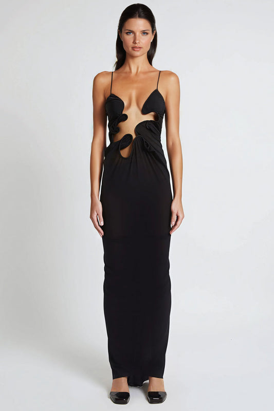 Maxi Dress with Sophisticated Front Cutouts - Black