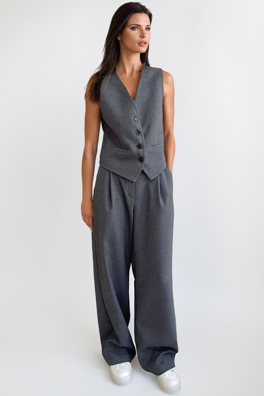 Buttoned Vest and Wide-Leg Trousers Two-Piece Set - Gray