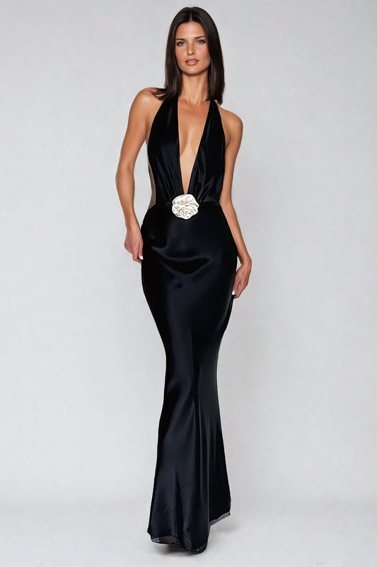 Halter Maxi Dress with Deep V-Neckline - Black