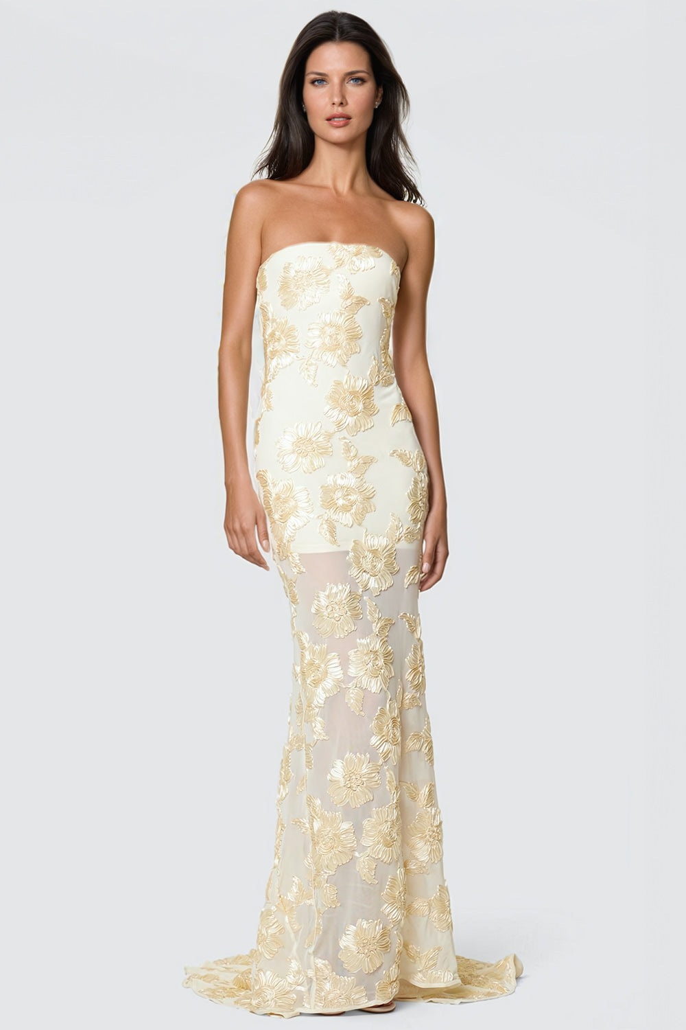 Floral Embellished Maxi Dress with Train - Ivory