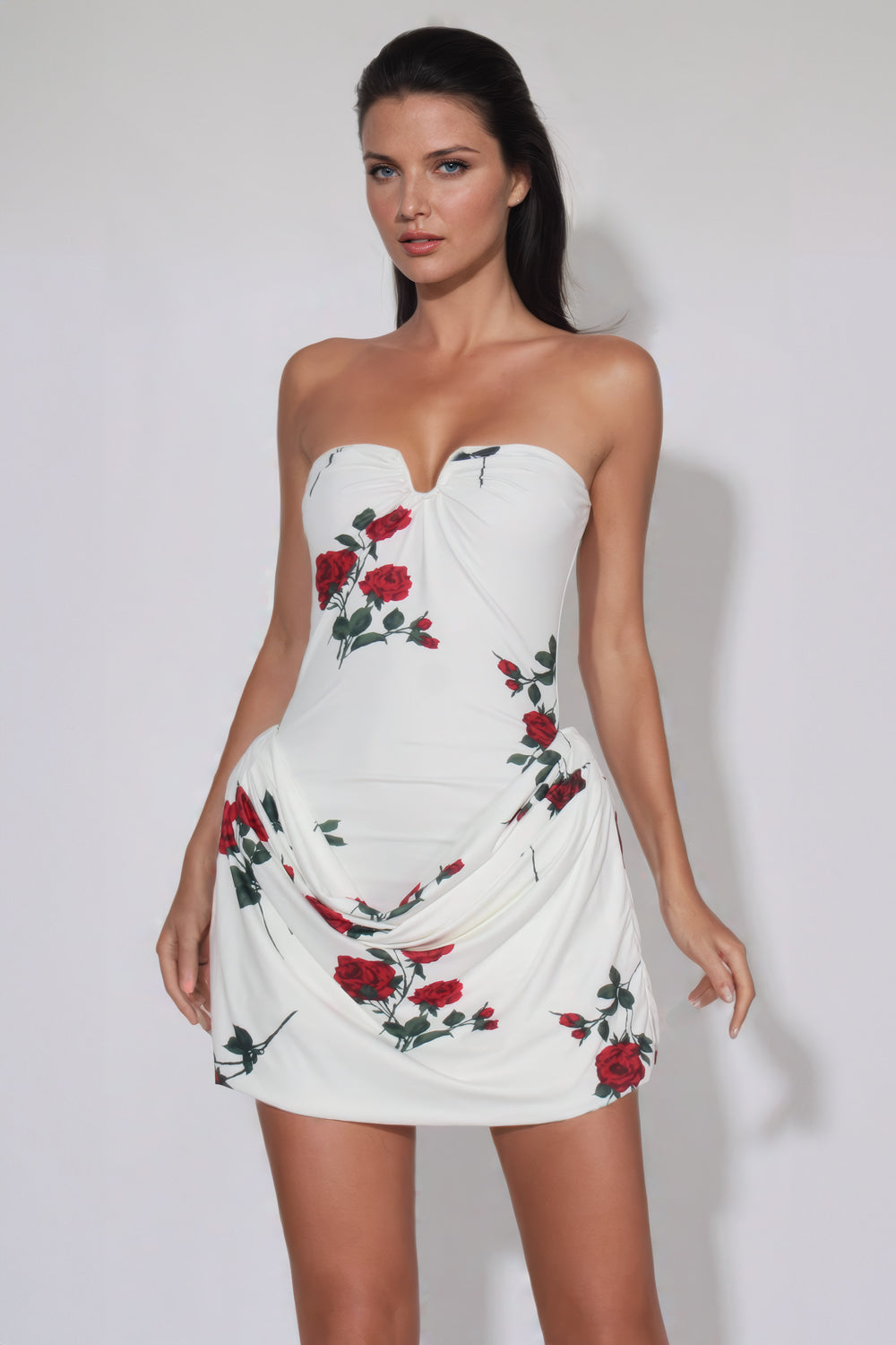 Strapless Floral Mini Dress with Cinched Waist - White