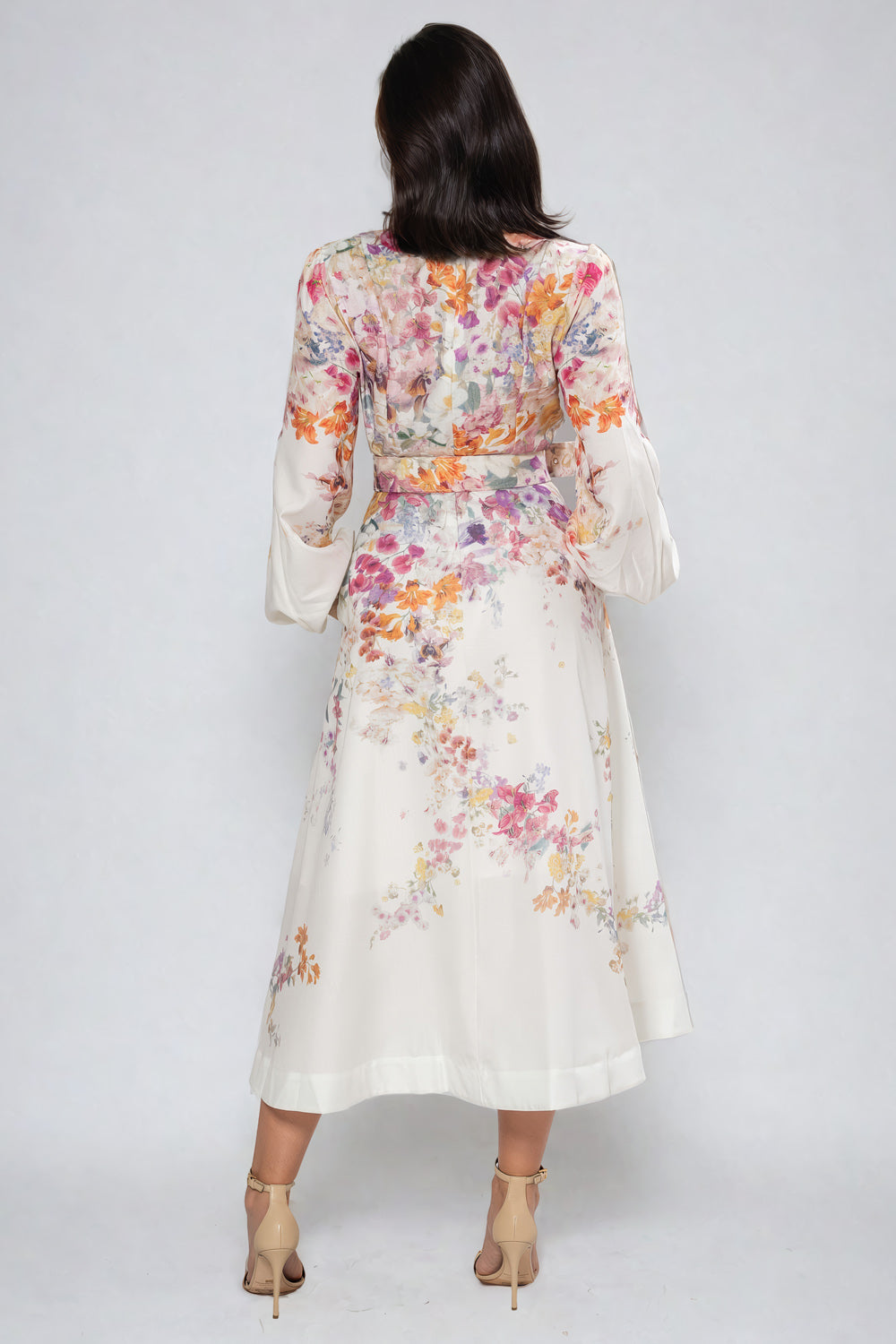 Printed Long Sleeve Midi Dress with Belt - White
