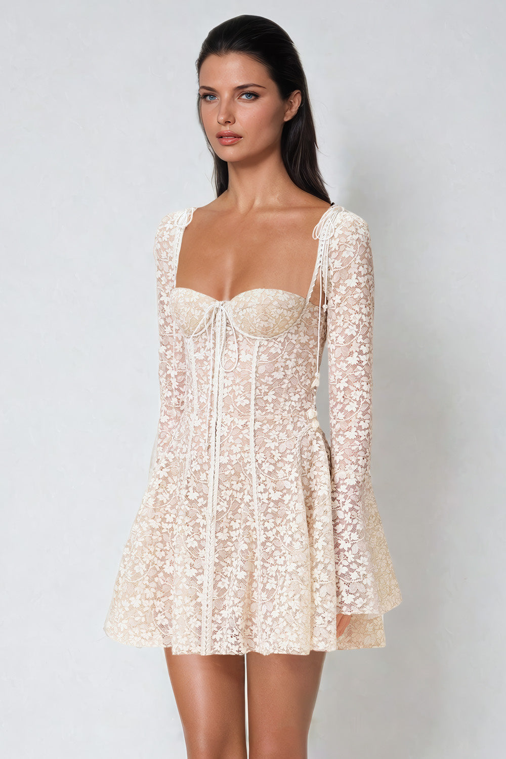 Lace Mini Dress with Flared Cuffs - Beige