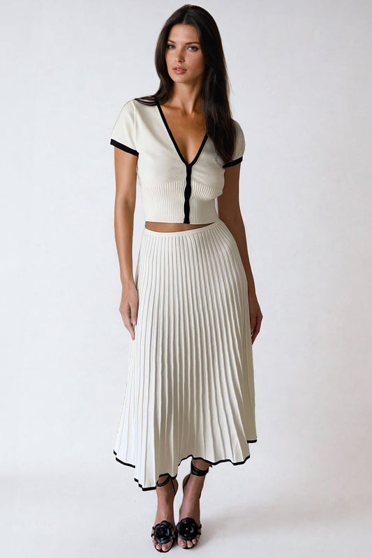 Two-Piece Set with Cropped Top and Pleated Skirt - White