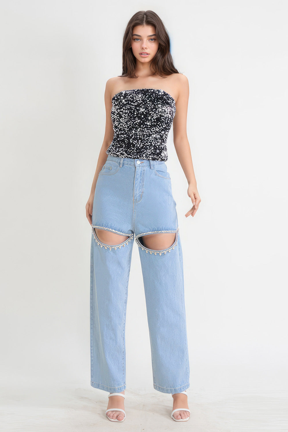 High-Waisted Embellished Cutout Jeans - Blue
