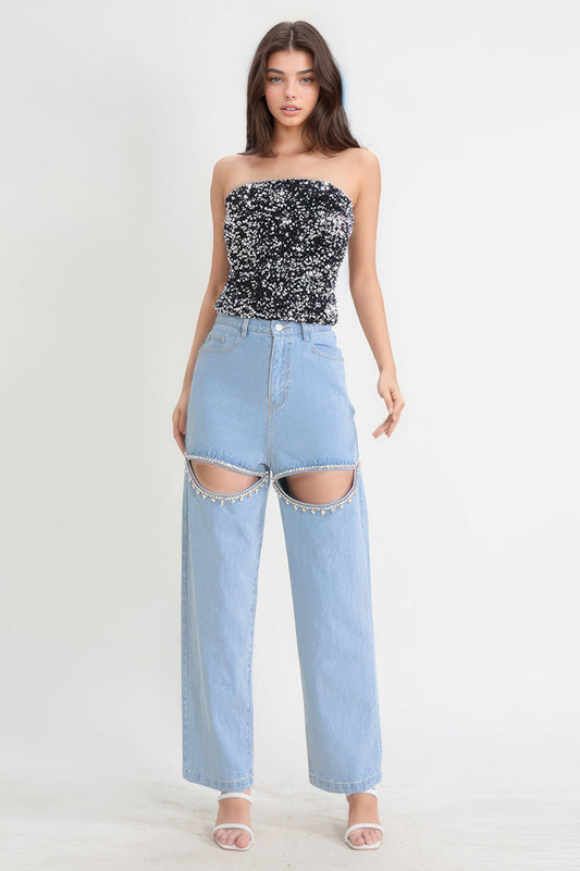 High-Waisted Embellished Cutout Jeans - Blue