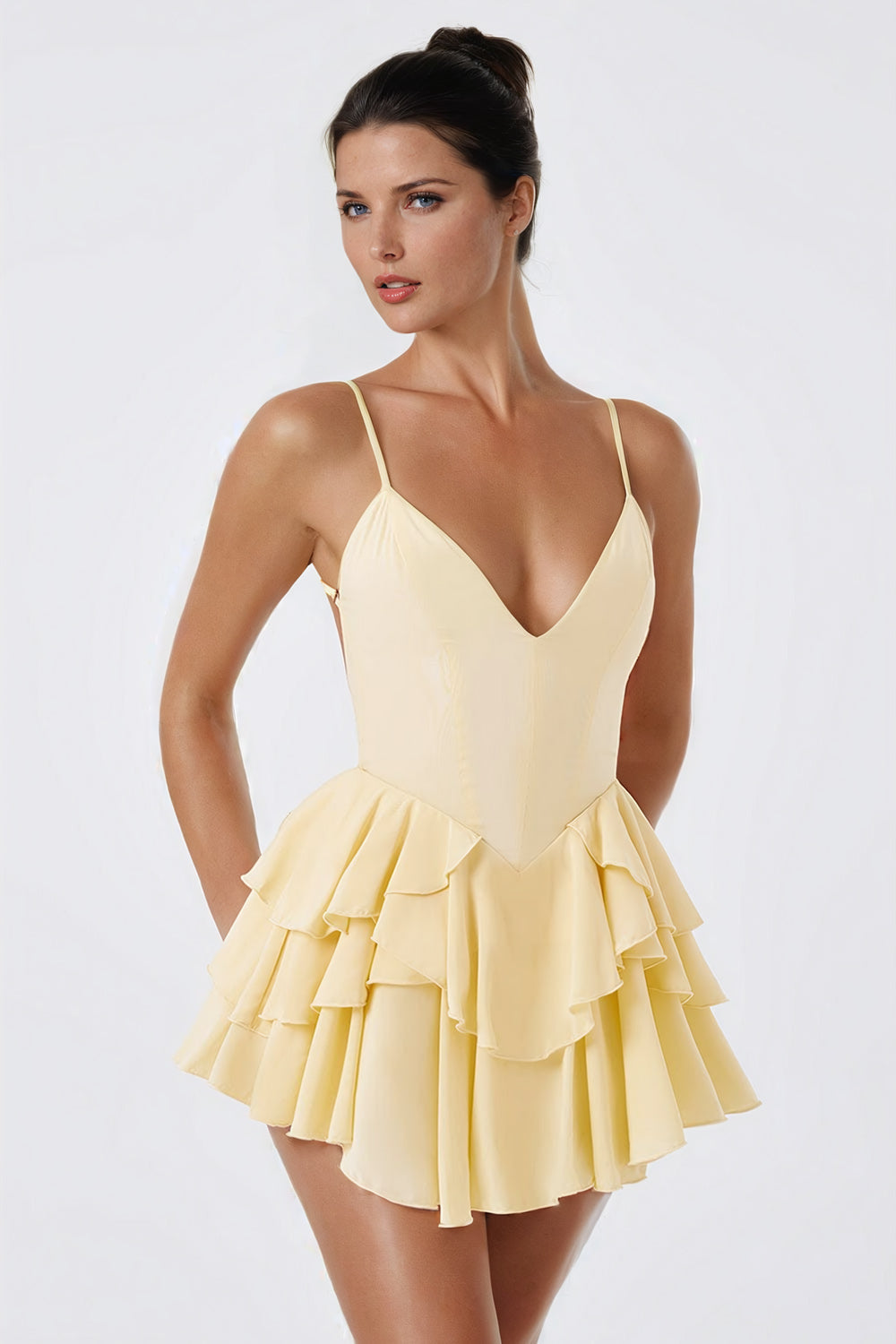 Mini Dress with Layered Ruffles - Yellow