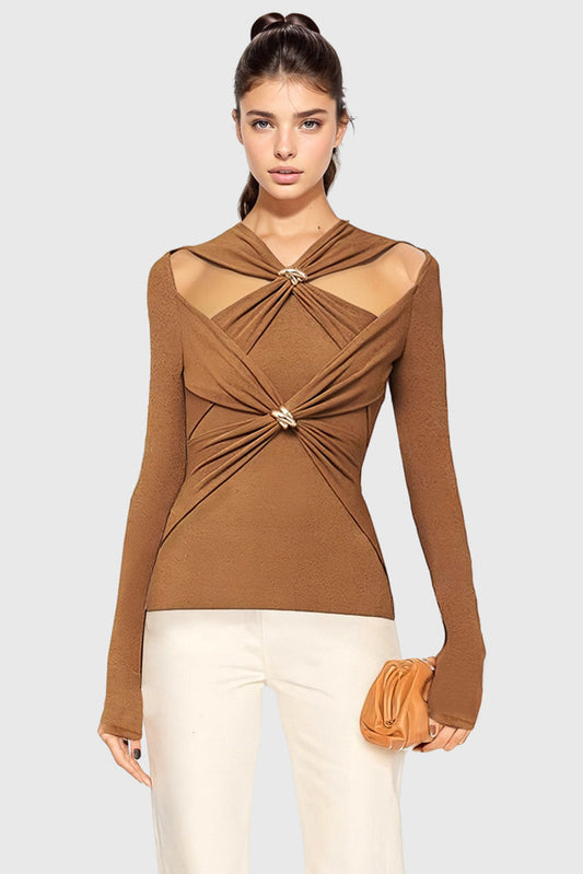 Long Sleeve Top with Gold Details - Brown